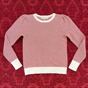 LOFT Striped Knit Cotton Red and White Puff Sleeve Sweater